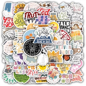 May include: A collection of assorted vinyl stickers featuring religious and inspirational quotes, floral illustrations, sun motifs, and typography. The stickers display various colors and phrases like Be Strong, Truth, and Honey Sweet to the Soul.