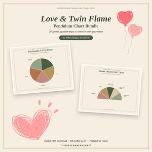 May include: A Love & Twin Flame Pendulum Chart Bundle featuring 20 printable charts. The image displays two charts titled Relationship Yes/No Chart and Should I Reach Out? Chart, decorated with pink heart illustrations on a light beige background.