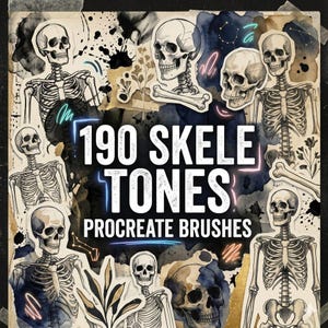 Puede incluir: Una colección digital de 190 SKELE TONES PROCREATE BRUSHES que presenta varias ilustraciones en blanco y negro de esqueletos humanos, cráneos y huesos dispuestos sobre un fondo oscuro y texturizado con salpicaduras de acuarela y elementos botánicos.