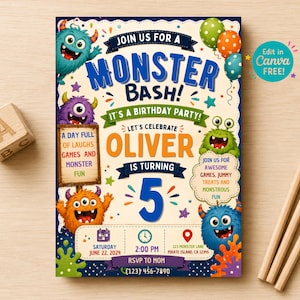 Op de afbeelding: Een rechthoekige verjaardagsuitnodiging met kleurrijke cartoonmonsters, ballonnen en de tekst "Join us for a Monster Bash!" voor de 5e verjaardag van Oliver. De kaart bevat evenementdetails zoals datum, tijd, locatie en RSVP-contactgegevens.
