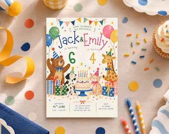 Joint Birthday Invitation, Two Kids Birthday Party Invite, Sibling Birthday, Editable Canva Template