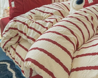 Vintage Burgundy Striped Washed Cotton Bed Set, Red Wrinkle Soft Breathable Duvet, Simple Aesthetic Bedding
