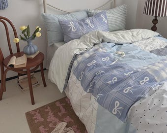 Pastel Blue Plaid Bow Cotton Bed Set, Mixed Patchwork Grid Polka Dot Floral Wrinkle Soft Breathable Duvet