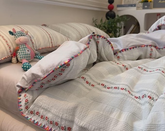 Boho Colorful Hand Stitched Fringe Washed Cotton Bed Set, Textured Striped Woven Cotton With Vintage Red Flower Embroidery