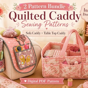 Könnte beinhalten: Ein 2-teiliges Set aus digitalen PDF-Schnittmustern für gesteppte Näh-Organizer, bestehend aus einem Sofa-Caddy mit Schmetterlingsmotiv-Tasche und einem Tisch-Caddy aus Blumenstoff zur Aufbewahrung von Nähzubehör und Werkzeugen.