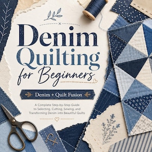 Könnte beinhalten: Ein Buchcover mit dem Titel Denim Quilting for Beginners, dem Untertitel Denim + Quilt Fusion und A Complete Step-by-Step Guide to Selecting, Cutting, Sewing, and Transforming Denim into Beautiful Quilts, mit blauen Stoffresten und einer Schere.