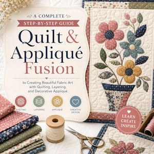 Op de afbeelding: Een boek getiteld A Complete Step-By-Step Guide Quilt & Appliqué Fusion met een bloemenquiltproject, een stapel bedrukte stoffen, een houten klosje met wit garen en een antieke metalen schaar op een witte doorgestikte ondergrond.