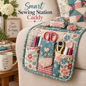 May include: A quilted fabric sewing station caddy featuring a floral and gingham pattern in teal, red, and white. It includes multiple pockets holding a clear ruler, pens, scissors, a rotary cutter, and a pin cushion with needles on top.