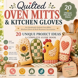 以下が含まれることがあります： 「Quilted Oven Mitts & Kitchen Gloves」というタイトルのガイドブックで、20種類のユニークなプロジェクト案が掲載されています。表紙には、ひまわり、チェック柄、鶏、ハートの模様が施された4つのキルト製オーブンミットと、印刷や裁縫に関するアイコンが描かれています。