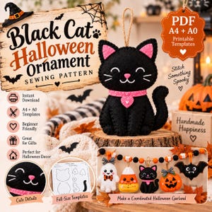 Peut inclure: Un patron de couture pour décoration d'Halloween en forme de chat noir en feutrine avec un collier rose et un pendentif cœur. L'image contient du texte pour un téléchargement PDF, des modèles A4 et A0, et une guirlande d'Halloween assortie.