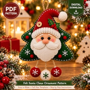 May include: A felt Santa Claus ornament pattern featuring a green Christmas tree shape with white embroidered snowflakes, a red hat with a white pom-pom, a beige face, a white beard, and three dangling felt balls with embroidered details.