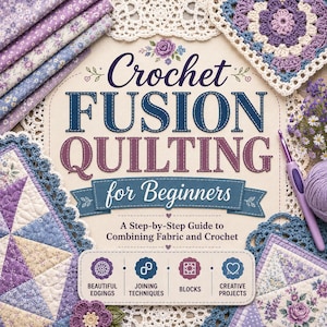 Puede incluir: Un libro titulado Crochet Fusion Quilting for Beginners con el subtítulo A Step-by-Step Guide to Combining Fabric and Crochet. La portada muestra telas florales moradas, un cuadrado de ganchillo, un ganchillo morado e hilo sobre encaje.