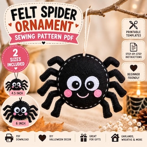 Op de afbeelding: Een PDF-naaipatroon voor een zwarte viltspinnenornament met een rond lichaam, acht poten, witte ogen met zwarte pupillen en roze wangen. De afbeelding toont twee maten, 4,5 inch en 6 inch, inclusief printbare sjablonen en instructies.