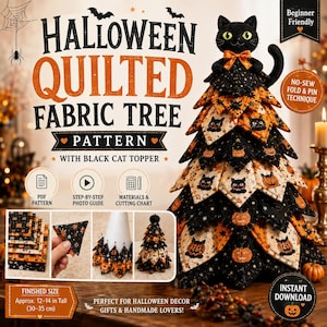 Modello per albero di Halloween in tessuto trapuntato / Puntale a forma di gatto nero, Guida alle decorazioni di Halloween patchwork (PDF)