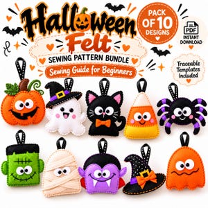 Pode incluir: Um pacote de moldes de costura em feltro para o Halloween com 10 designs, incluindo abóbora, fantasma, gato, doce, aranha, monstro de Frankenstein, múmia, vampiro, chapéu de bruxa e fantasma laranja. Inclui PDF e moldes.