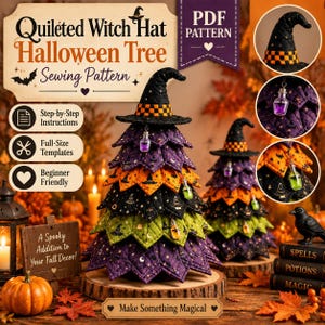 Peut inclure: Un patron de couture pour arbre d'Halloween avec chapeau de sorcière matelassé, incluant des instructions étape par étape et des modèles en taille réelle. L'arbre est fait de tissu matelassé superposé violet, orange, noir et vert avec des breloques.