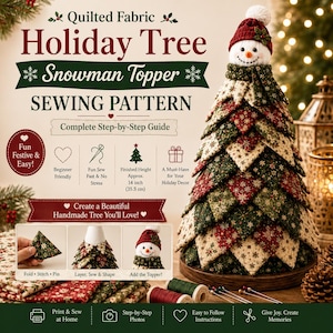 May include: A sewing pattern for a quilted fabric holiday tree snowman topper. The finished tree features layered red, green, and cream fabric triangles with snowflake patterns, topped with a snowman head wearing a red hat. Text includes 35.5 cm height.