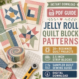 Può includere: Una guida PDF digitale per modelli di blocchi per trapunte jelly roll con quattro blocchi in tessuto, un rotolo di strisce di tessuto e un taglierino rotante. Il testo include Instant Download, PDF Guide, 20+ Beginner Quilt Projects e 2.5 Inch Strip Blocks.