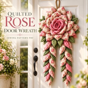 May include: A quilted fabric rose door wreath featuring pink floral patterned petals and green leaves, hanging on a white door. The text reads: QUILTED ROSE DOOR WREATH SEWING PATTERN PDF. The design includes two long, trailing leaf and petal strands.