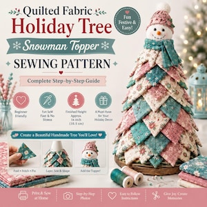 Könnte beinhalten: Ein Schnittmuster für einen Weihnachtsbaum aus gestepptem Stoff mit Schneemann-Spitze. Der Text lautet Quilted Fabric Holiday Tree Snowman Topper Sewing Pattern. Der fertige Baum ist 35,5 cm groß und hat Lagen aus blumigem Stoff.