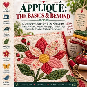 May include: A book titled Appliqué: The Basics & Beyond featuring a quilted flower design on the cover. The book includes a guide to hand, machine, fusible, raw-edge, turned-edge, reverse, and creative appliqué techniques with various sewing tools.