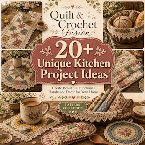 Peut inclure: Une couverture de livre intitulée Quilt & Crochet Fusion présentant 20+ Unique Kitchen Project Ideas. La couverture montre divers articles de cuisine matelassés et crochetés, notamment des chemins de table, des paniers et des dessous de tasse.