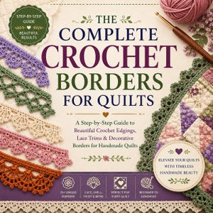 May include: A book titled The Complete Crochet Borders for Quilts with a cream cover featuring dark purple and green text. The cover displays various colorful crochet border samples, a wooden crochet hook, pink yarn, and a floral quilt corner.