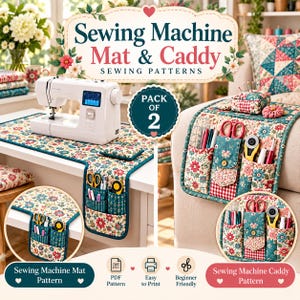 May include: A sewing machine mat and caddy set featuring a floral pattern in teal, red, and cream. The mat sits under a white sewing machine, while the caddy hangs over a chair arm, both equipped with multiple pockets holding various sewing tools.