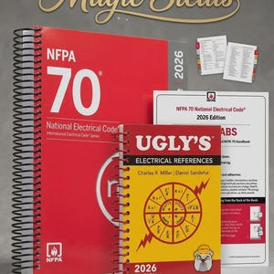 May include: A 2026 NFPA 70 National Electrical Code spiral-bound book in red and gray, paired with a smaller 2026 Ugly's Electrical References spiral-bound book featuring a yellow cover with electrical formulas and a bulldog mascot illustration.