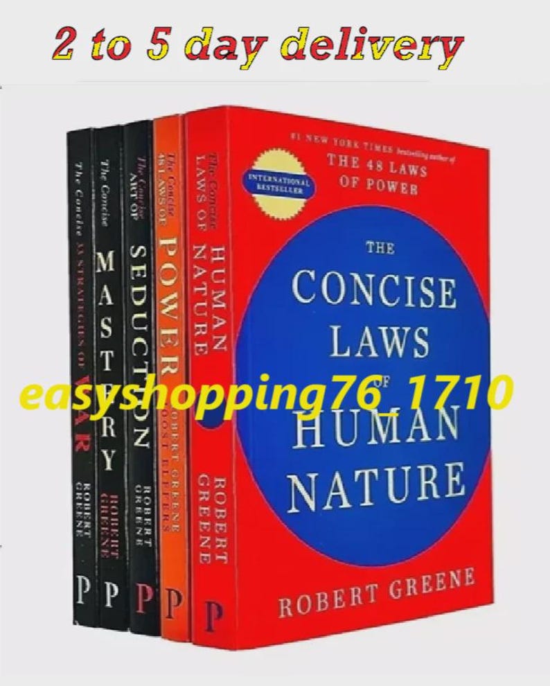 May include: A collection of five books by Robert Greene, including The Concise Laws of Human Nature, The Concise 48 Laws of Power, The Concise Art of Seduction, Mastery, and The Concise 33 Strategies of War, featuring red, orange, and black covers.