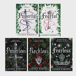 May include: Five book covers by Lauren Roberts titled Powerful, Fearful, Powerless, Reckless, and Fearless. The covers feature illustrations of a dagger, a key, a sword, a shield, and a crown, all surrounded by green foliage and floral elements.