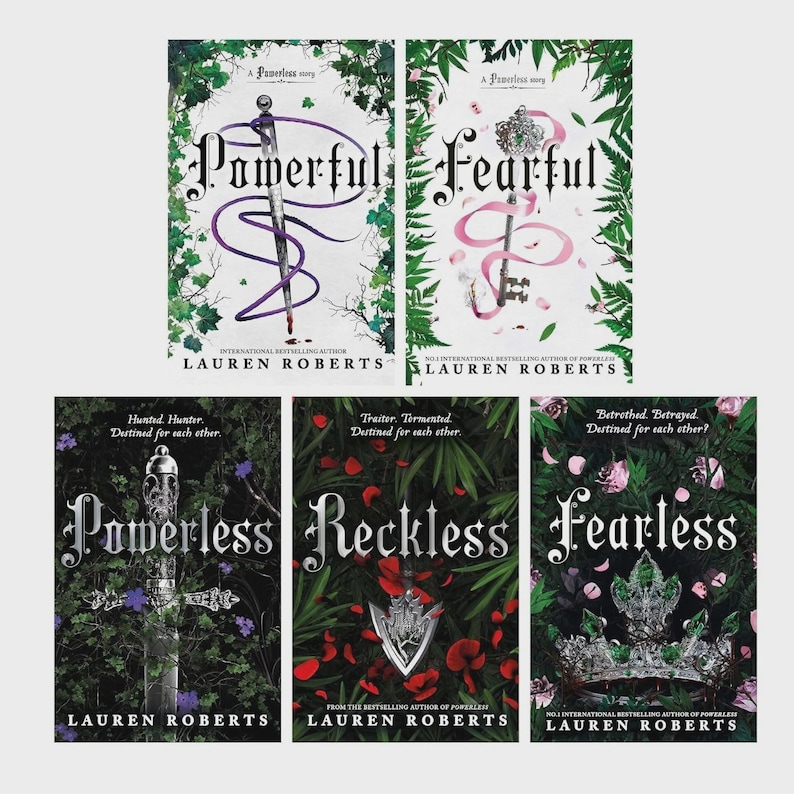 May include: Five book covers by Lauren Roberts titled Powerful, Fearful, Powerless, Reckless, and Fearless. The covers feature illustrations of a dagger, a key, a sword, a shield, and a crown, all surrounded by green foliage and floral elements.