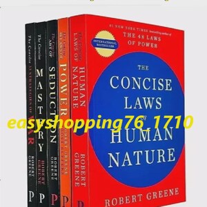 May include: A collection of five books by Robert Greene, including The Concise Laws of Human Nature, The Concise 48 Laws of Power, The Concise Art of Seduction, Mastery, and The Concise 33 Strategies of War, featuring red, orange, and black covers.