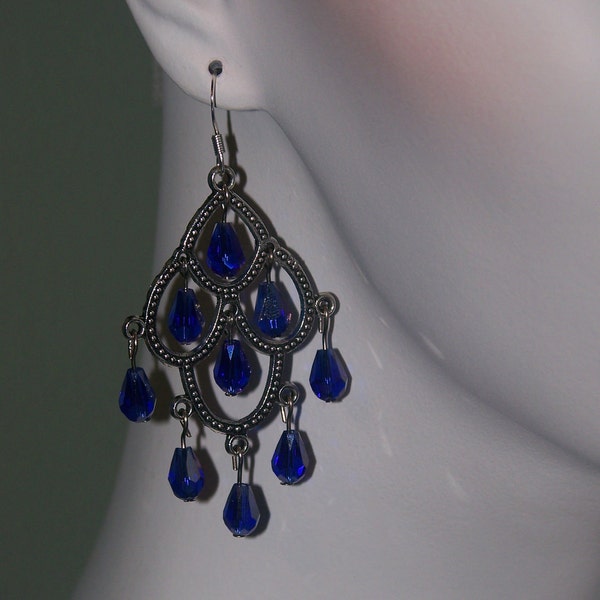 Silver navy blue chandelier earrings