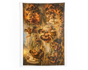 Biblical Nativity Scene Indoor Wall Tapestry | Angels Shepherds Holy Family