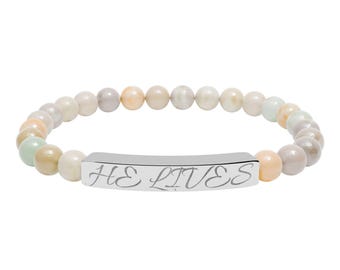 His Name Engraved Natural Stone Stretch Bracelet | Beaded Bar Bracelet