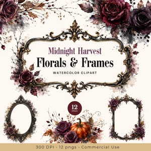 Gothic Stationery Clipart, Burgundy Floral Frames & Dark Botanical Watercolor PNGs – Midnight Harvest