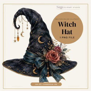 May include: A dark blue watercolor witch hat illustration featuring gold crescent moon and star charms, a deep blue ribbon bow, and a cluster of dusty rose flowers. The text reads Saga Clipart Studio, Watercolor Clipart, Witch Hat, 1 PNG File, 300 DPI.