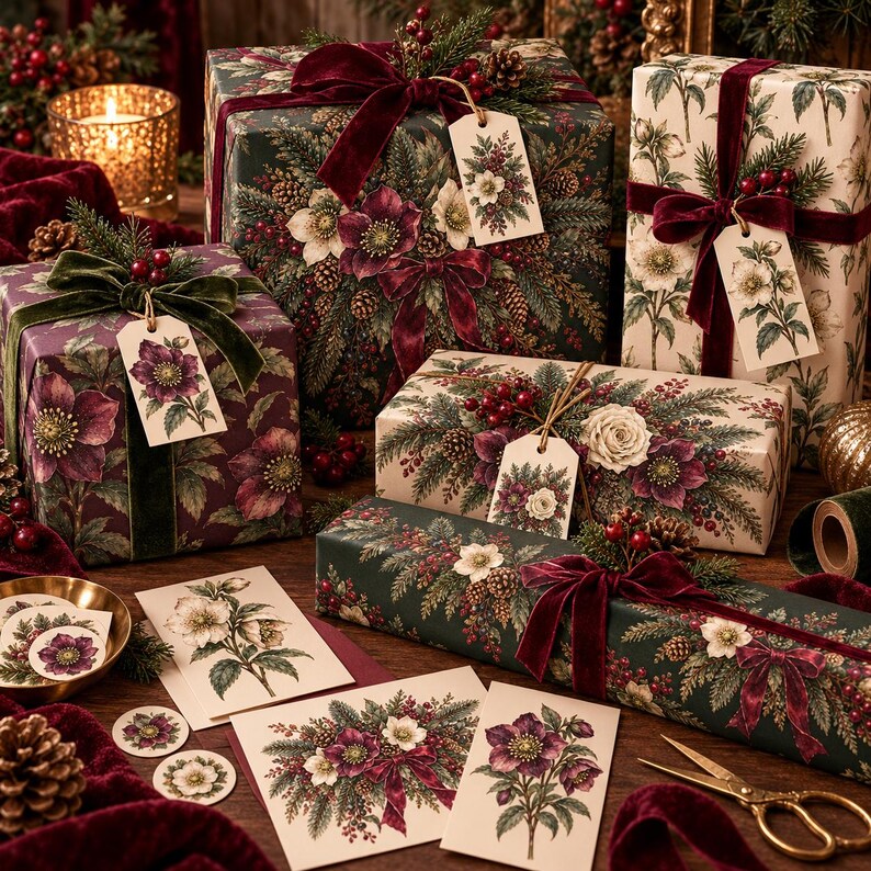 Może przedstawiać: Kolekcja pudełek prezentowych owiniętych w ciemnozielony, fioletowy i kremowy papier z botanicznymi ilustracjami kwiat&oacute;w ciemiernika, gałązek sosnowych i szyszek, ozdobionych aksamitnymi wstążkami i pasującymi bilecikami.