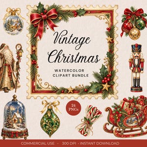 以下が含まれることがあります： ヴィンテージ・クリスマスというテキストが中央に配置された、水彩画風のクリスマス要素のデジタルクリップアートセット。切手風のフレーム、サンタクロース、くるみ割り人形、プレゼントを載せたそり、ガラスのオーナメント、キャンディケインが描かれています。