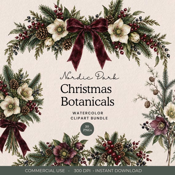 Nordic Dark Christmas Botanicals, Moody Watercolor Winter Flowers (Digital Download)