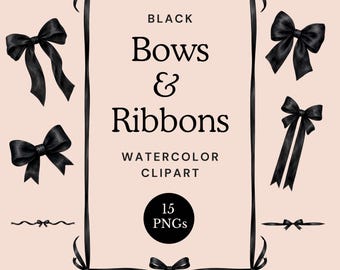 Black Watercolor Bows & Ribbons Clipart, Coquette Gothic Elements (Digital Download)