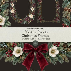 Może przedstawiać: Cyfrowy zestaw grafik clipart zatytułowany Nordic Dark Christmas Frames zawierający akwarelowe ilustracje gałązek sosnowych, szyszek, czerwonych jagód, białych i ciemnofioletowych kwiatów oraz dużą ciemnoczerwoną aksamitną kokardę.