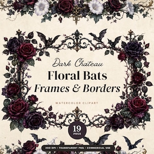 Imágenes prediseñadas de marcos y bordes florales oscuros con murciélagos / Boda gótica, elementos de Halloween (descarga digital)