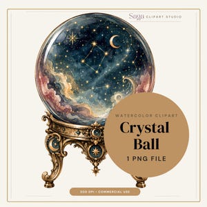 May include: A crystal ball featuring a dark blue night sky with golden stars, a crescent moon, and swirling clouds inside. The sphere rests on an ornate, metallic gold stand decorated with celestial motifs, including stars and moons, in a watercolor style.
