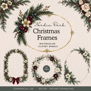 Può includere: Una collezione digitale di cornici natalizie ad acquerello con rami di pino, bacche rosso scuro e fiori bianchi. Il testo recita Nordic Dark Christmas Frames, Watercolor Clipart Bundle, 30 PNGs, Commercial Use, 300 DPI, Instant Download.