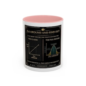 May include: White ceramic mug with a pink interior. The mug features the text "f(x) AROUND AND FIND OUT" with mathematical diagrams and the phrases "The Classic" and "The Full Picture". The bottom of the mug reads "SEE IT. UNDERSTAND IT. FIND IT OUT!"