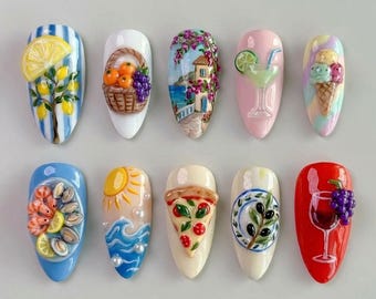 Italian Summer Press On Nails Mediterranean Fake Nails 3D Lemon Fruit Basket Pizza Seafood Platter Olive Wine Glass Ice Cream Beach Nails