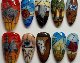 Salvador Dali Press On Nails Stained Glass Art Fake Nails 3D Melting Clock Persistence of Memory Elephant Surrealism Mosaic Painting Nails