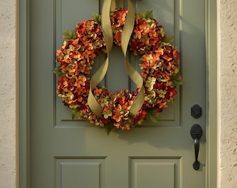 Couronne d'automne pour porte d'entrée, couronne de vigne saisonnière avec hortensias d'automne, décoration rustique pour porche d'automne